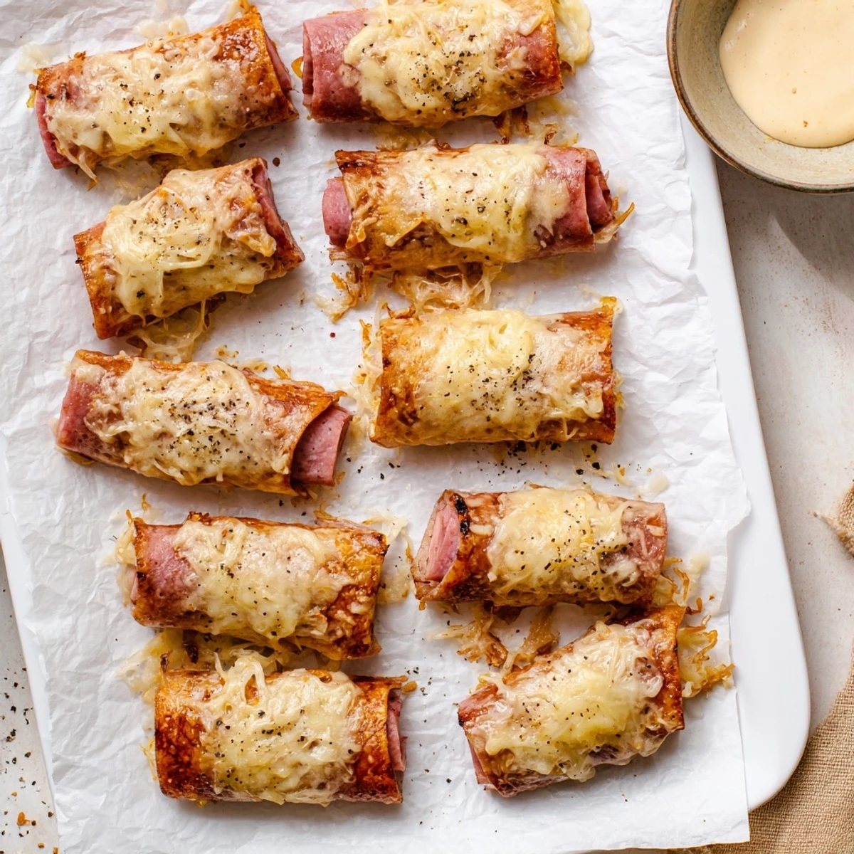 Appetizer plate with Keto Crispy Reuben Roll Ups, served with a side of tangy dipping sauce.