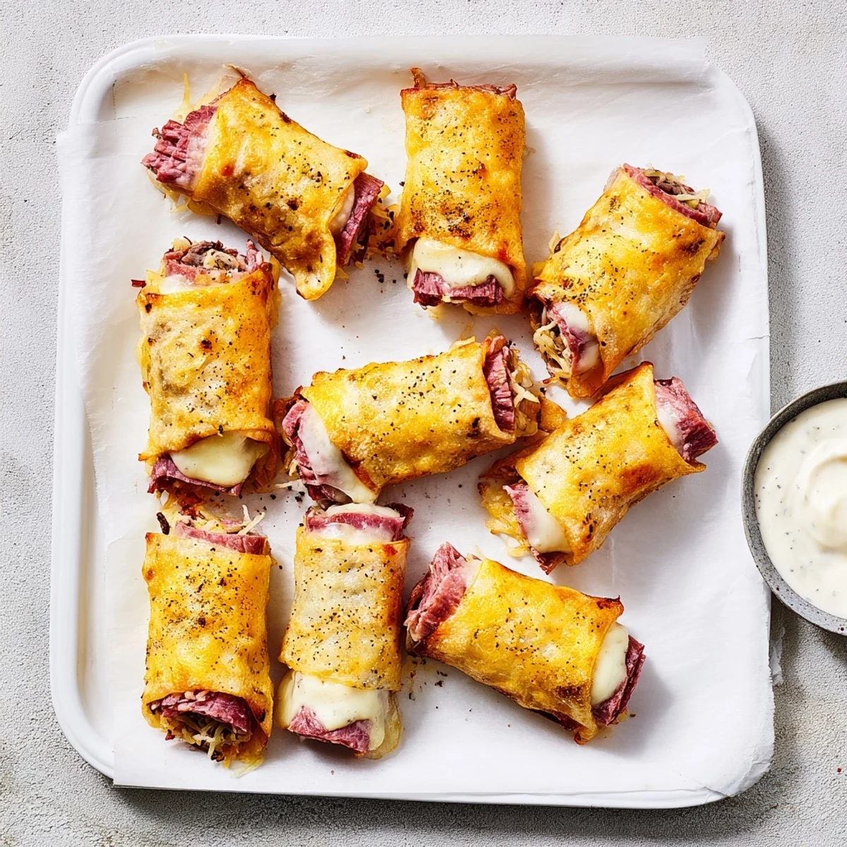 Freshly baked Keto Crispy Reuben Roll Ups featuring bubbly cheese and sauerkraut on a rustic wooden table.