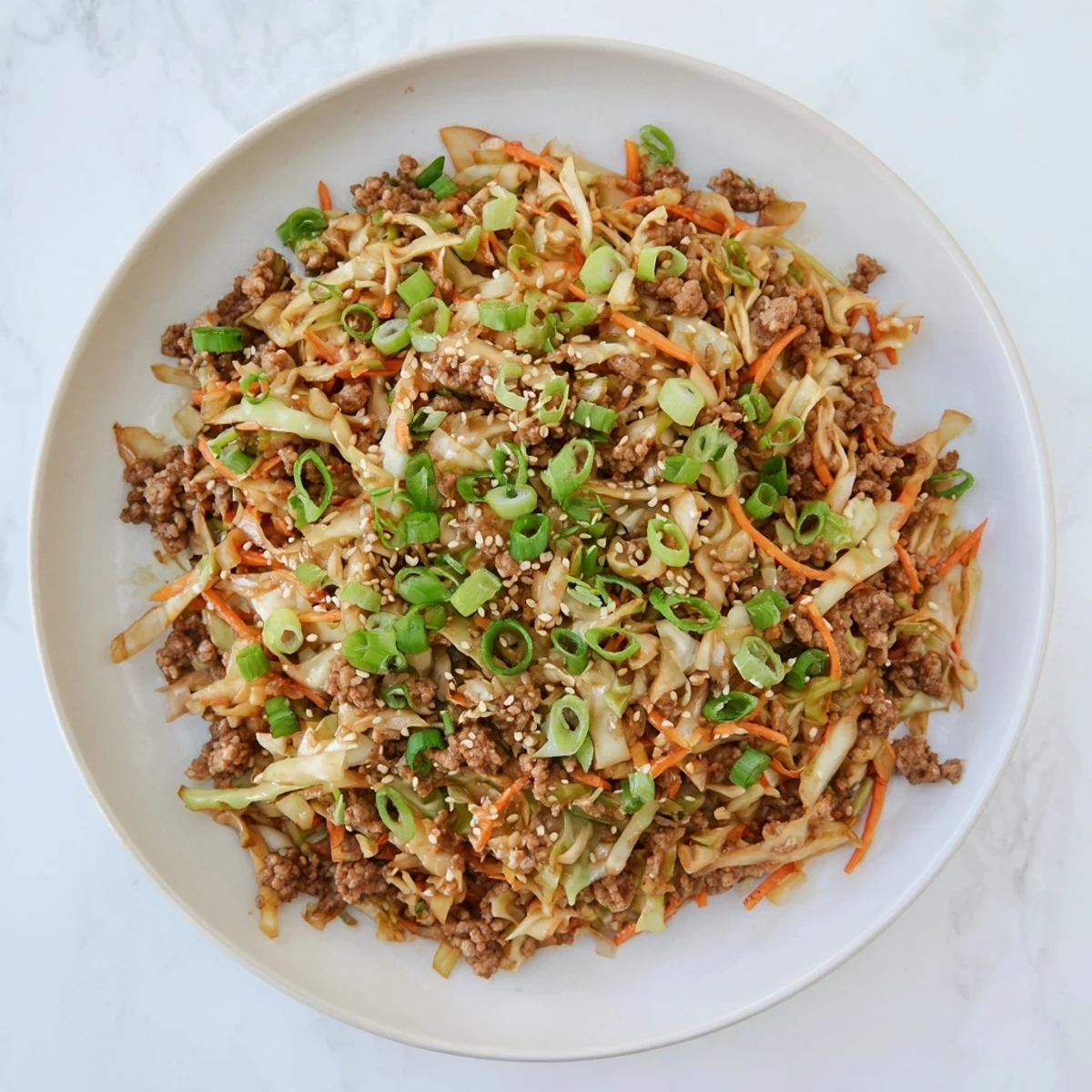 Vibrant skillet of Egg Roll In A Bowl with ground pork, cabbage, and sesame seeds, garnished with green onions.