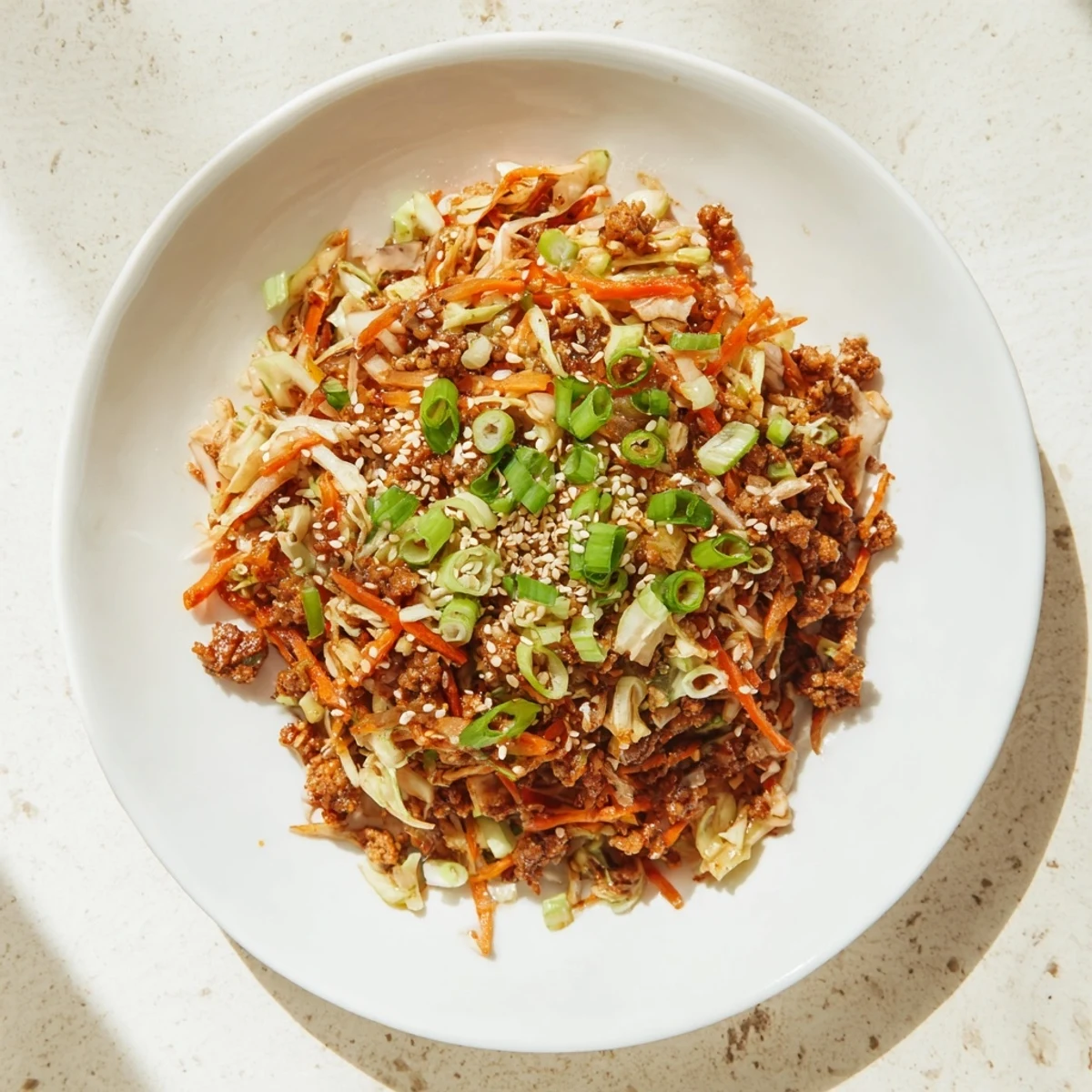 A close-up of Keto Egg Roll In A Bowl, featuring savory pork and crisp vegetables in a wok.