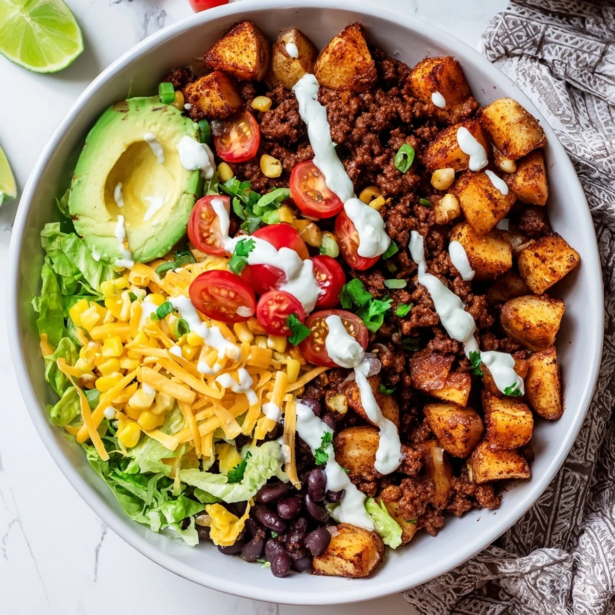 Golden crispy roasted potatoes and seasoned taco beef fill a bowl topped with fresh lettuce, cheddar, and creamy avocado.