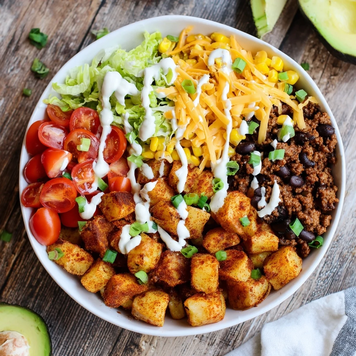This hearty Tex-Mex loaded potato taco bowl features corn, black beans, and cherry tomatoes for a colorful, satisfying meal.