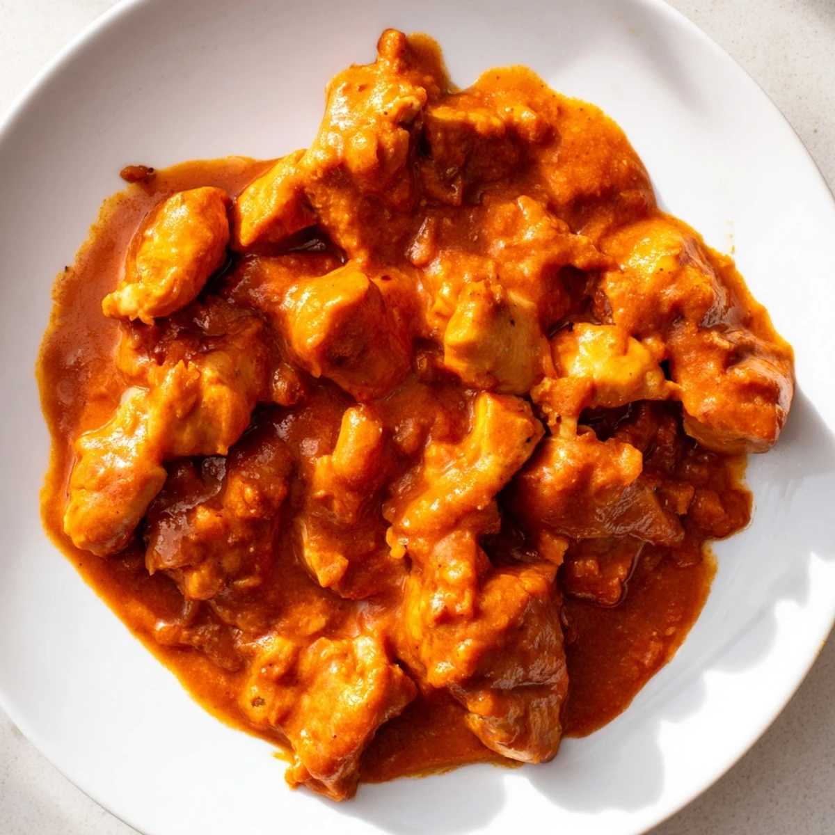Tender pieces of 5 Ingredient Keto Butter Chicken plated elegantly with keto naan for dipping.