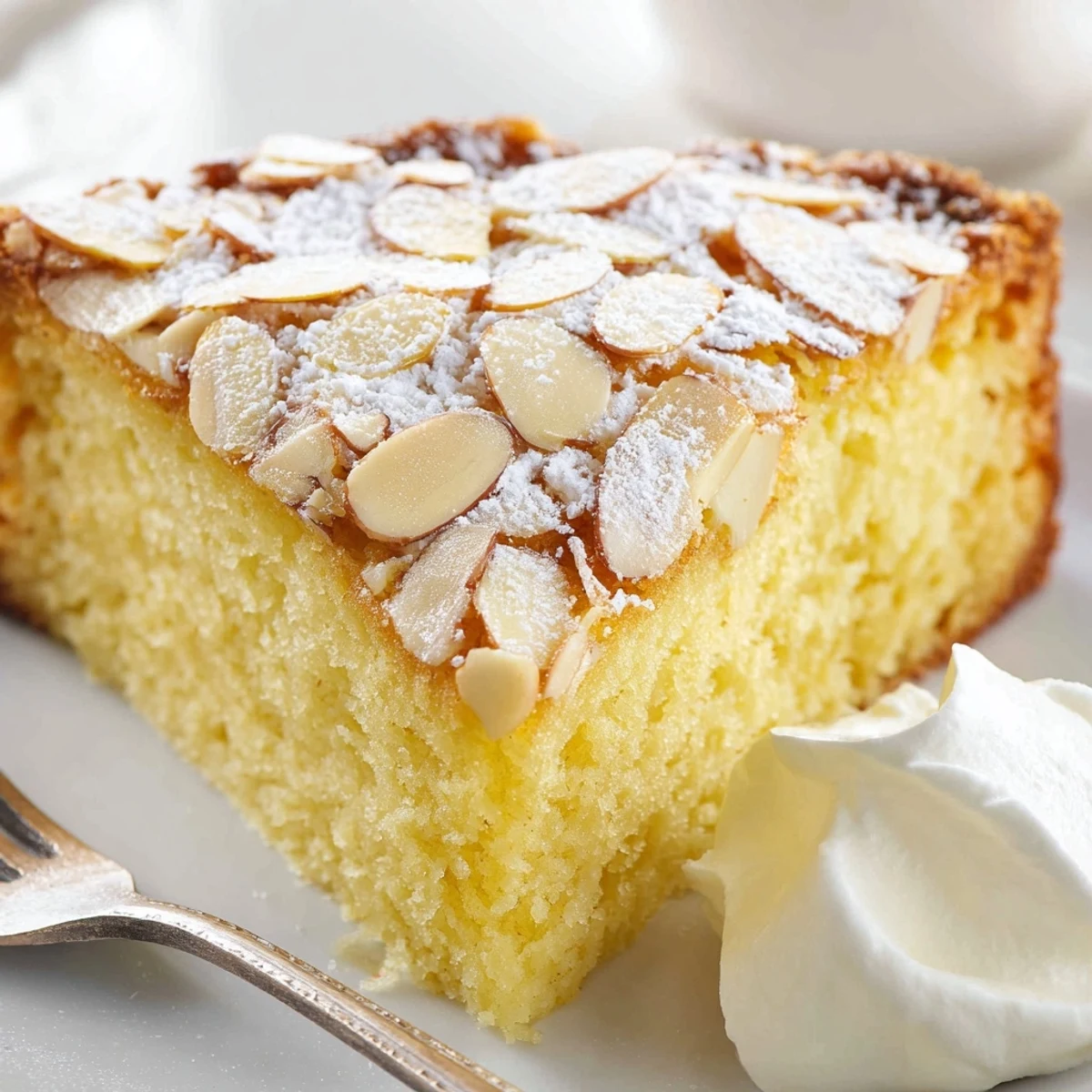 Moist almond cake topped with sliced almonds and powdered sugar on a rustic wooden table.