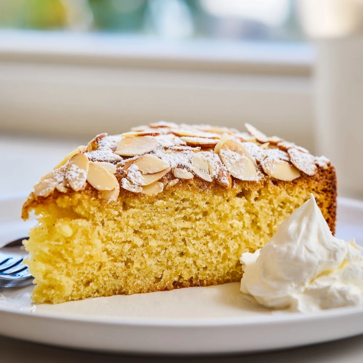 Freshly dusted almond cake cooling on a wire rack with almond slices scattered nearby.