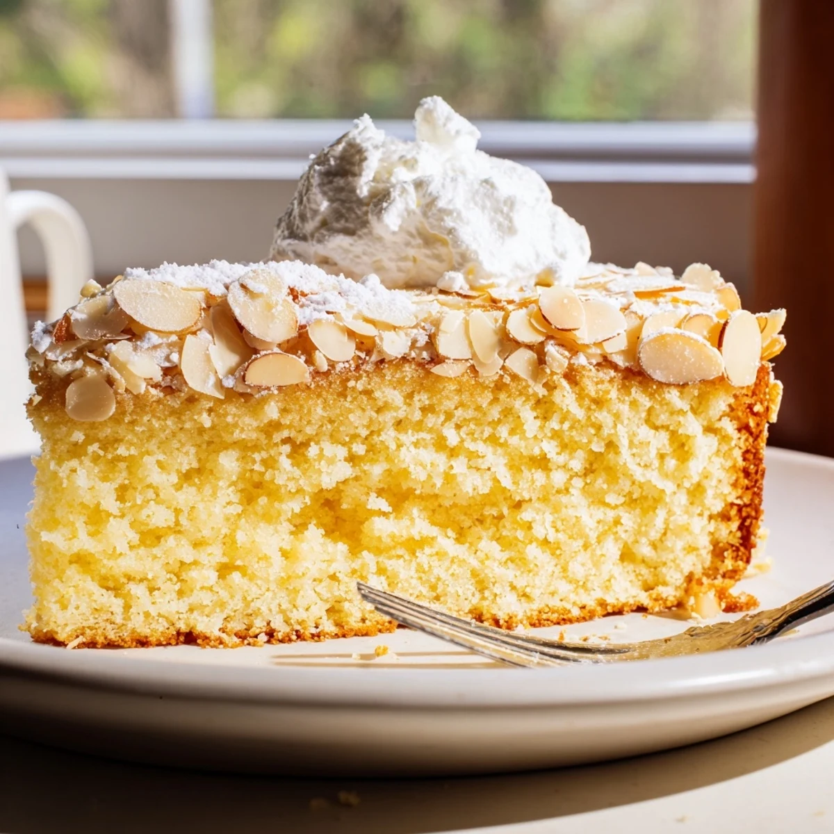 A golden baked almond cake slice reveals tender crumb next to fresh berries and cream.