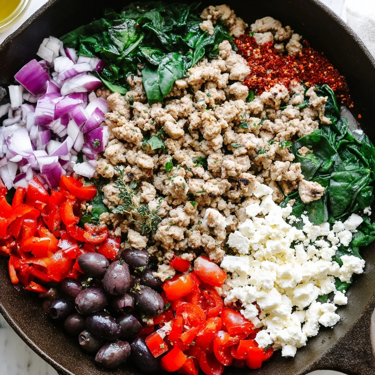 Sizzling Mediterranean Keto Skillet with Ground Chicken, Olives & Feta topped with crumbled feta and bright Kalamata olives.  