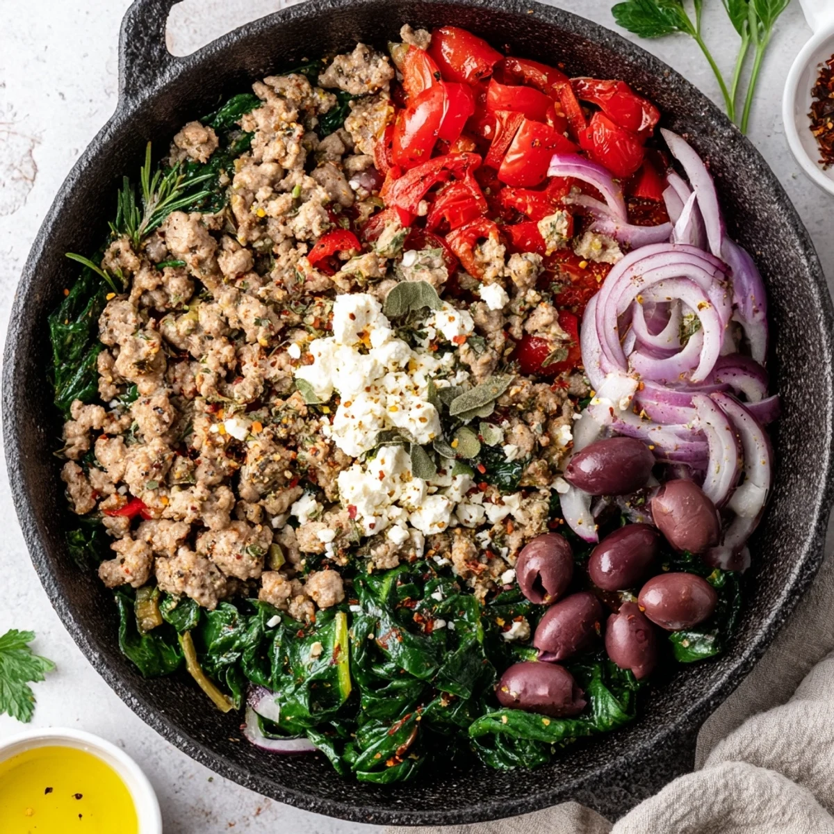 A close-up of Mediterranean Keto Skillet with Ground Chicken, Olives & Feta featuring juicy cherry tomatoes and fresh parsley.  