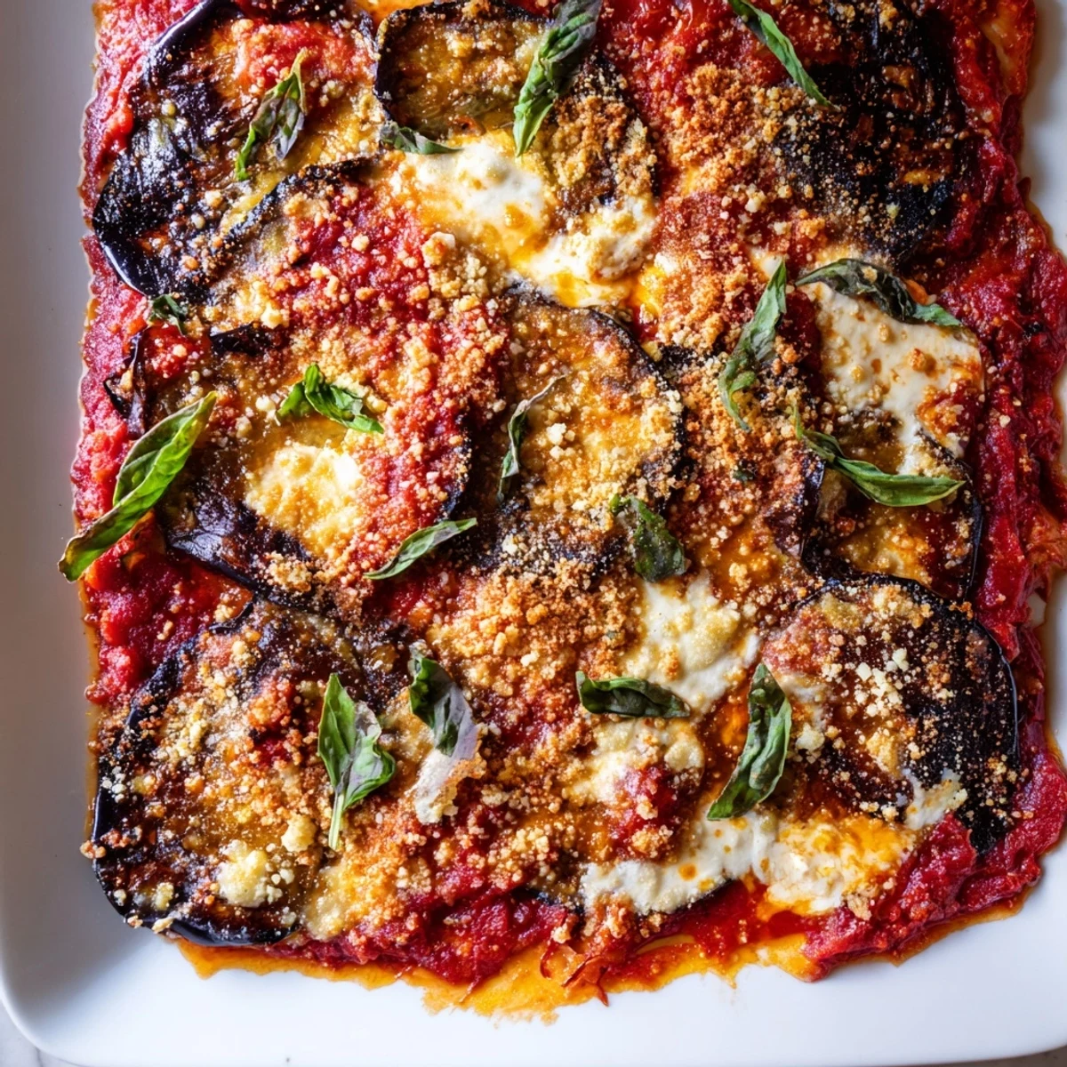 Smoky Charred Aubergine Parmigiana bubbling with golden mozzarella and rich tomato sauce on a rustic plate.