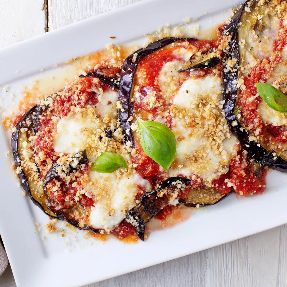 A close view of Charred Aubergine Parmigiana served with crusty bread and a fresh green salad.