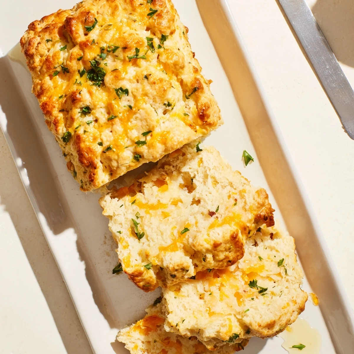 Warm Red Lobsters Cheddar Bay Biscuit Loaf sliced on a wooden board, showcasing fluffy interior and melted sharp cheddar cheese.
