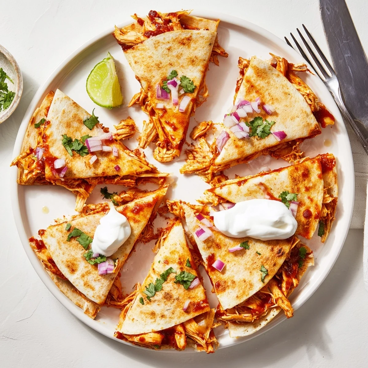 Golden-brown Hot Honey BBQ Chicken Quesadillas sliced into wedges, with melted mozzarella and sharp cheddar cheese oozing out.  
