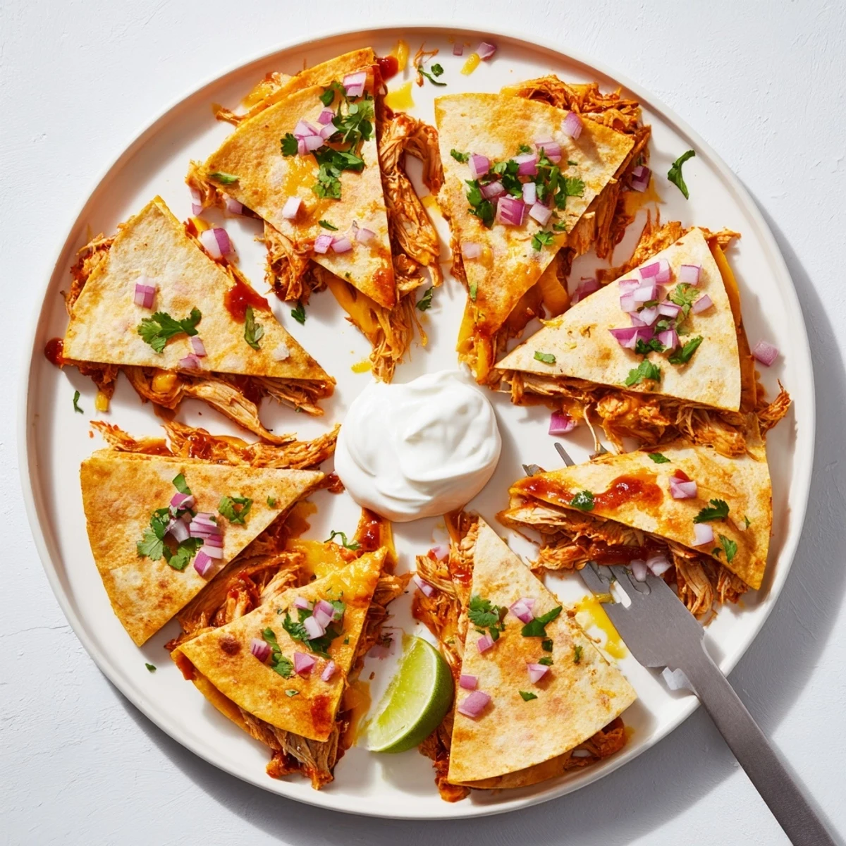 Close-up of Hot Honey BBQ Chicken Quesadillas on a plate, garnished with fresh cilantro and a side of creamy sour cream.  