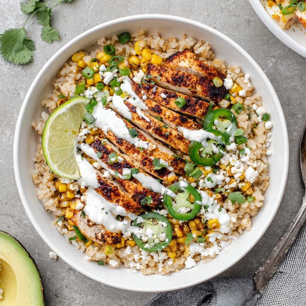 Juicy grilled chicken and charred sweet corn topped with crema in the Street Corn Chicken Bowl.