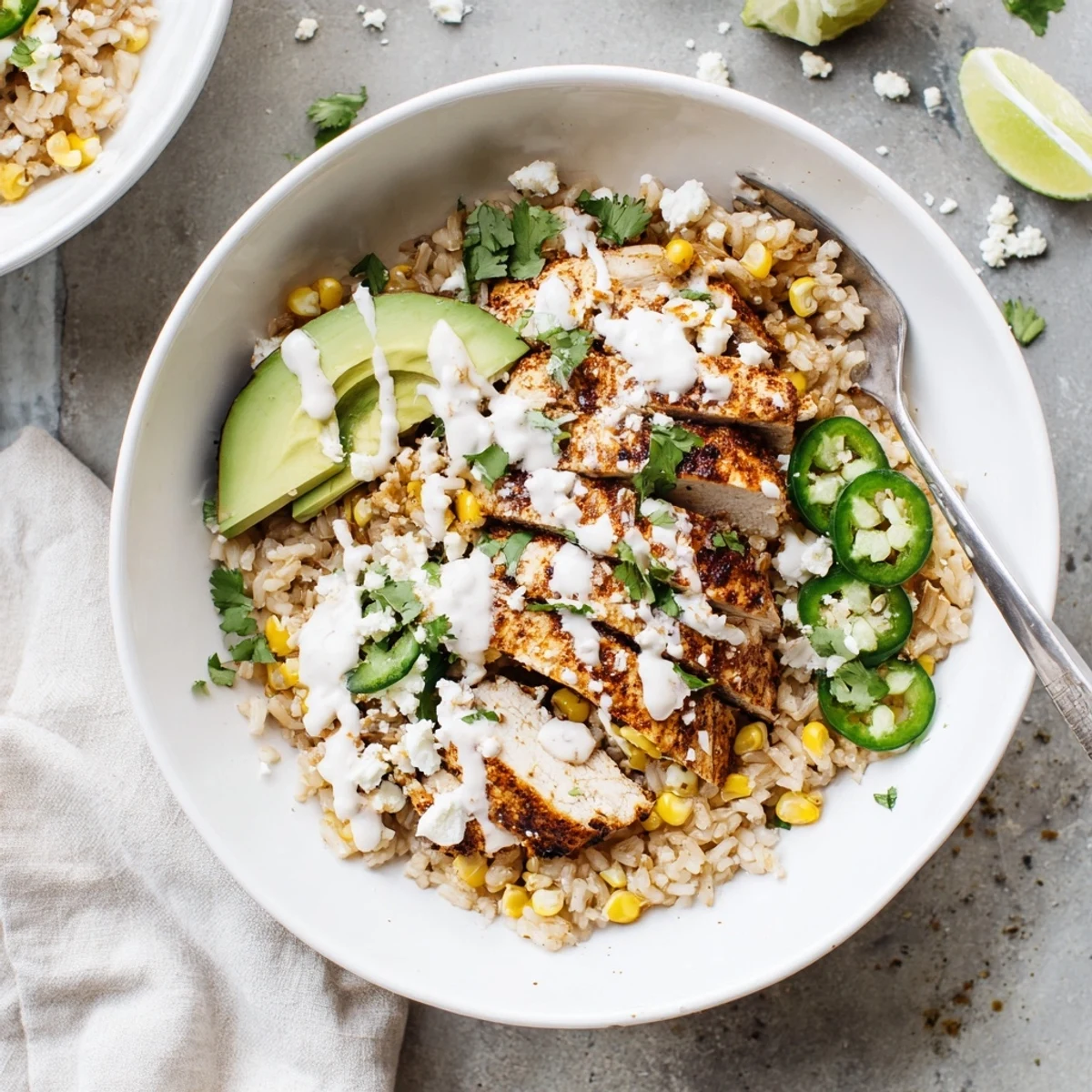 Sliced avocado and cotija cheese garnish a vibrant bowl of Street Corn Chicken Bowl over rice.