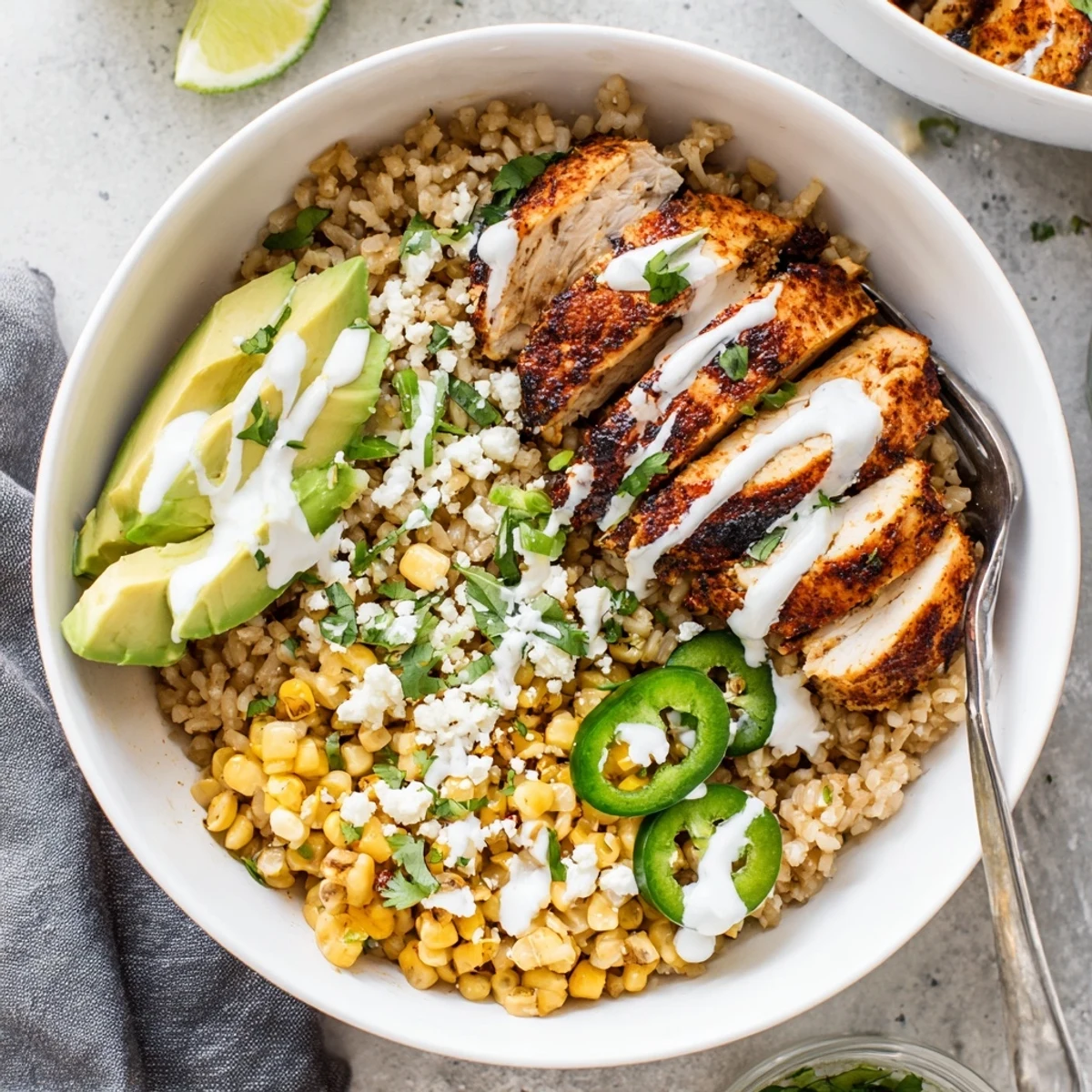 A colorful serving of Street Corn Chicken Bowl with lime wedges and fresh cilantro garnish.