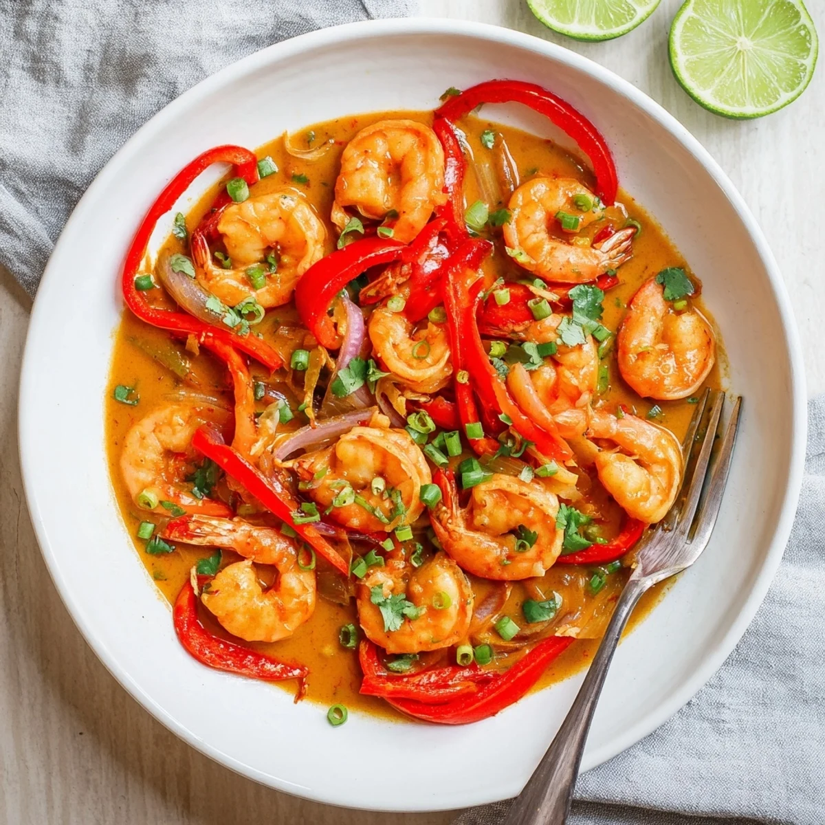 Freshly cooked Creamy Coconut Shrimp Buffet Style served steaming hot from a skillet, garnished with cilantro and lime wedges.