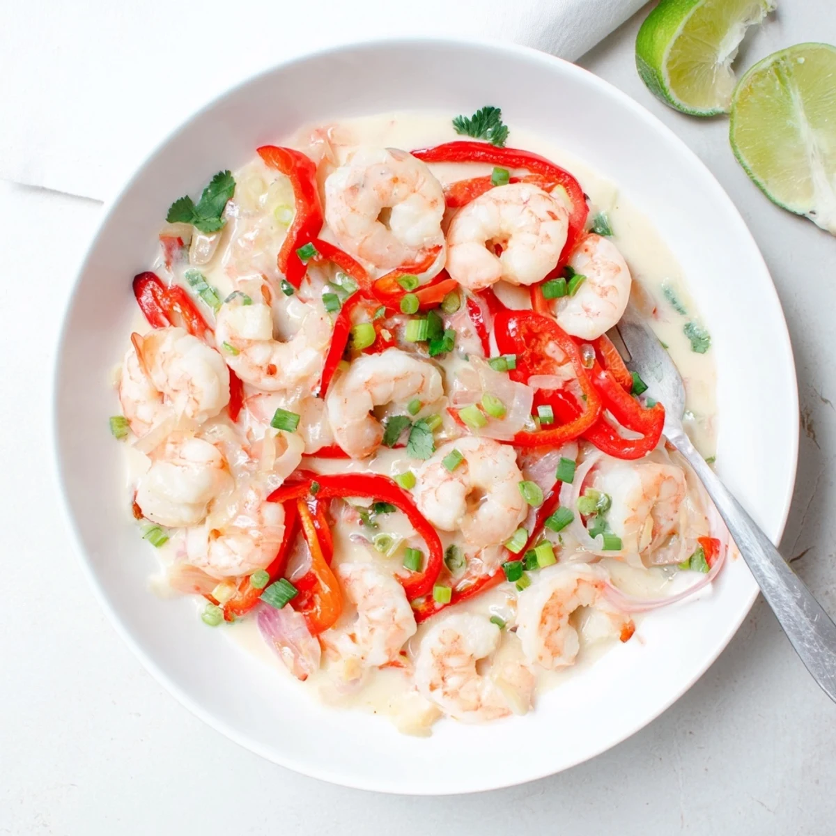 Family-style Creamy Coconut Shrimp Buffet Style arranged in a chafing dish, ready to serve at a festive gathering with lime wedges.