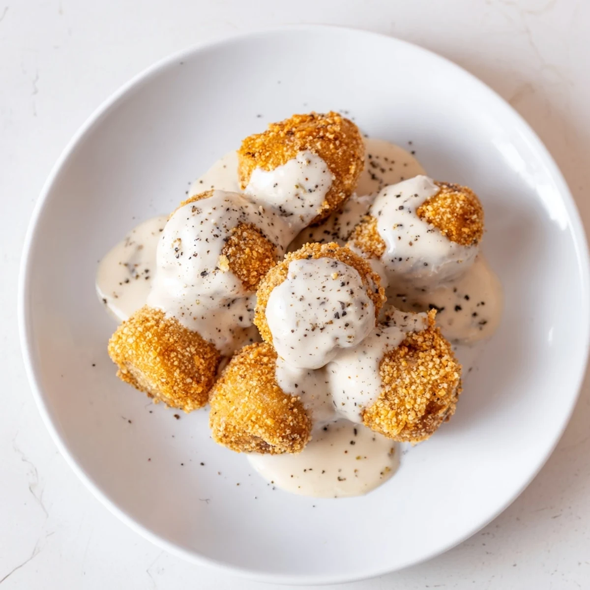Golden fried mushrooms with creamy gravy, ready to serve as a hearty Southern main dish, vegan option available.