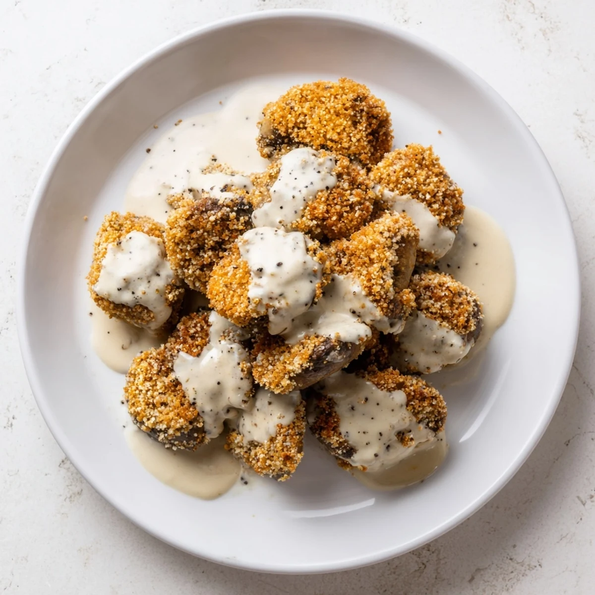 Golden fried mushrooms with gravy, a vegetarian twist on classic Southern comfort food, served with mashed potatoes.