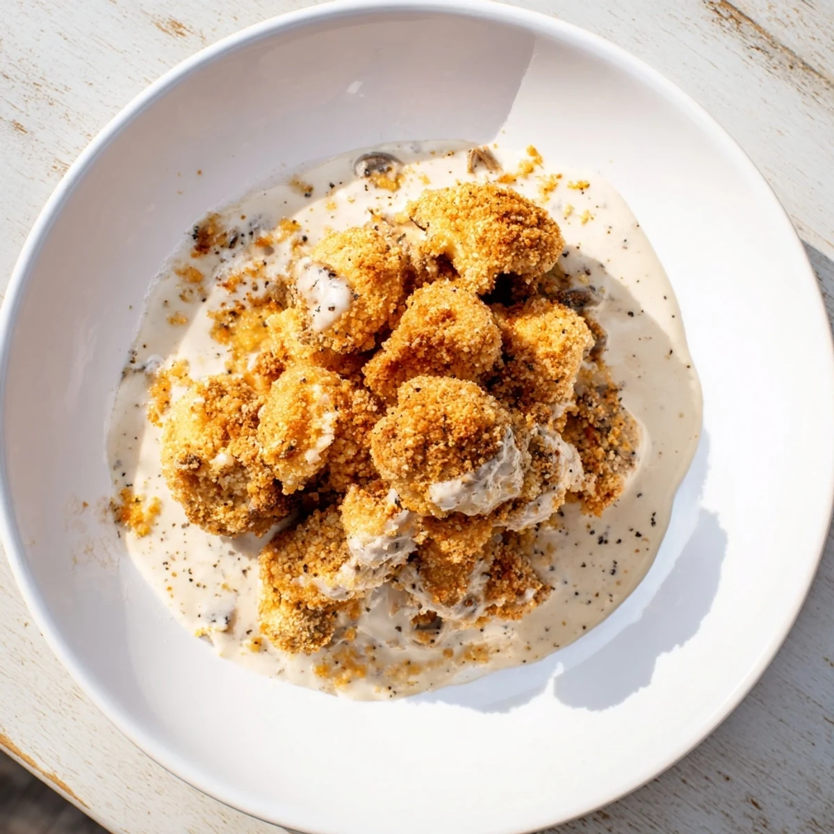 Crispy fried mushrooms on a plate, topped with rich gravy and fresh herbs for a delicious appetizer.
