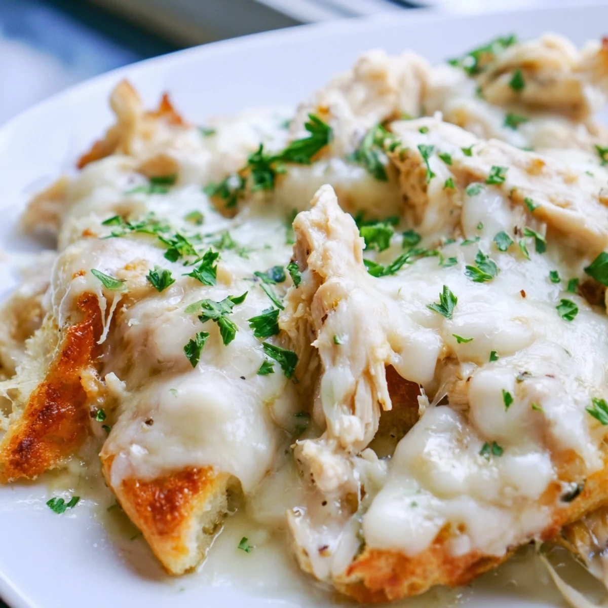 A close-up of Viral Chicken Alfredo Garlic Bread, with melted mozzarella and provolone bubbling over tender chicken on a golden baguette.