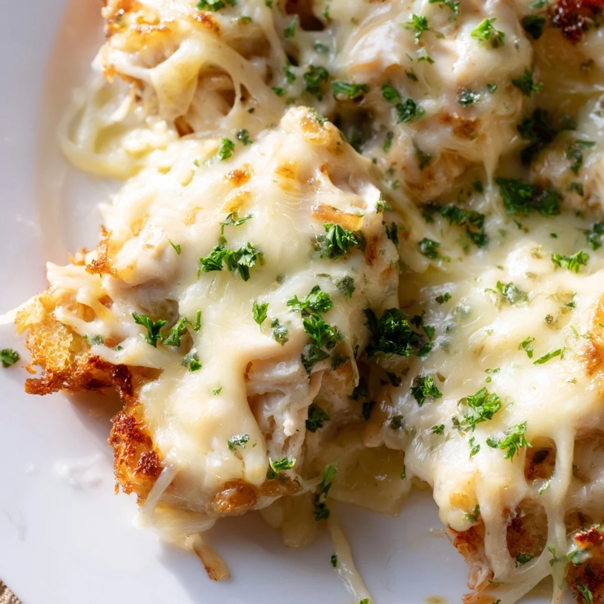 Viral Chicken Alfredo Garlic Bread served warm on a rustic wooden board, topped with fresh parsley, melted cheeses, and a side salad.