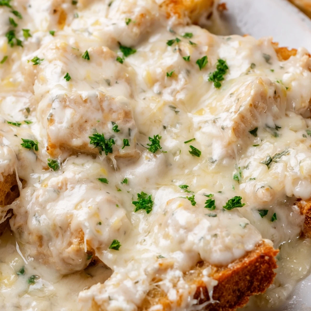 Sliced pieces of Viral Chicken Alfredo Garlic Bread reveal creamy Alfredo sauce on buttery, garlic-rubbed bread, perfect for sharing at a dinner party.
