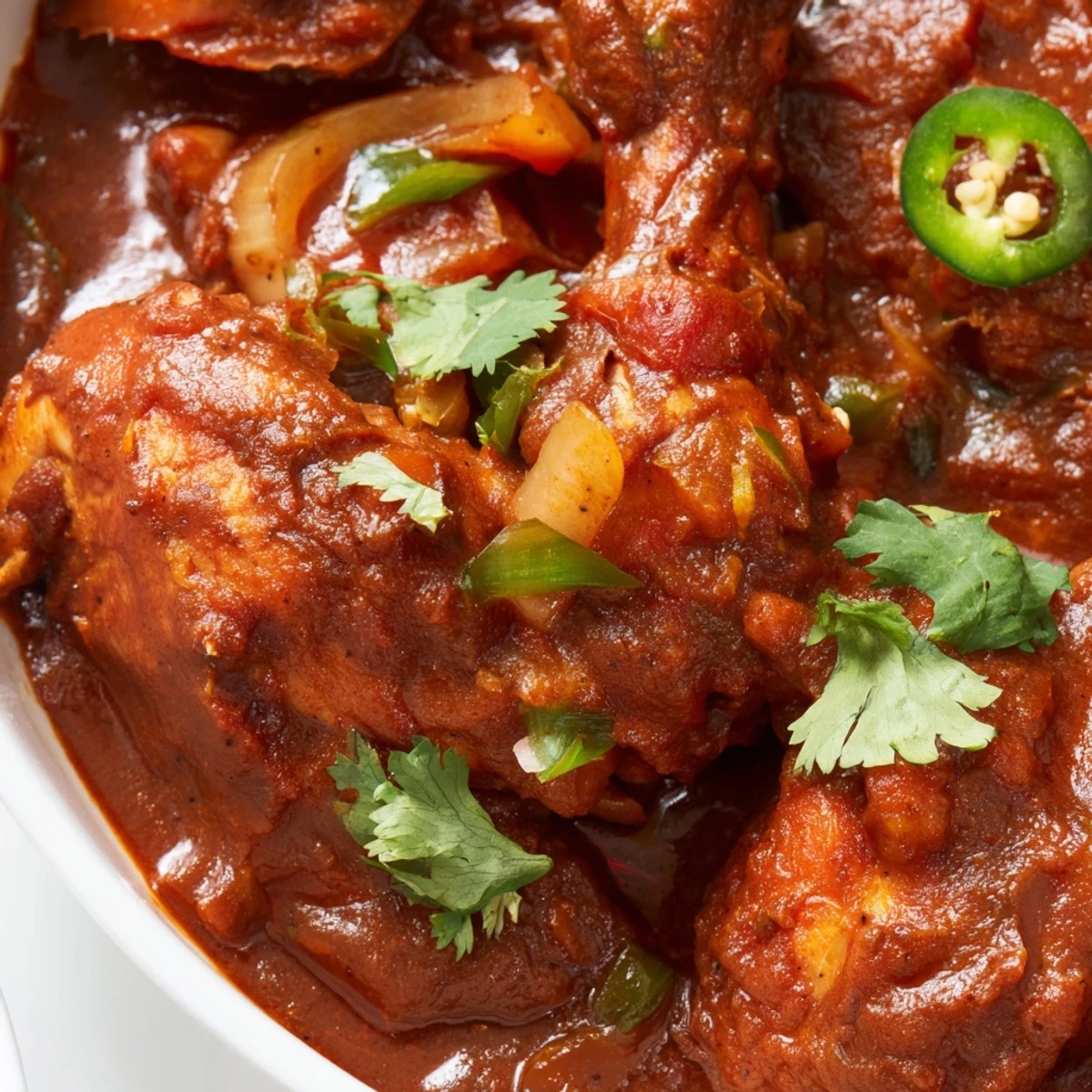 Golden-brown chicken pieces simmer in a rich, aromatic Spiced Chicken Curry with Ginger, Garlic & Jalapeño sauce.