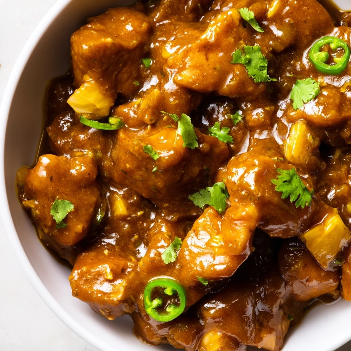 A close-up of Spiced Chicken Curry with Ginger, Garlic & Jalapeño garnished with cilantro alongside steamed basmati rice.