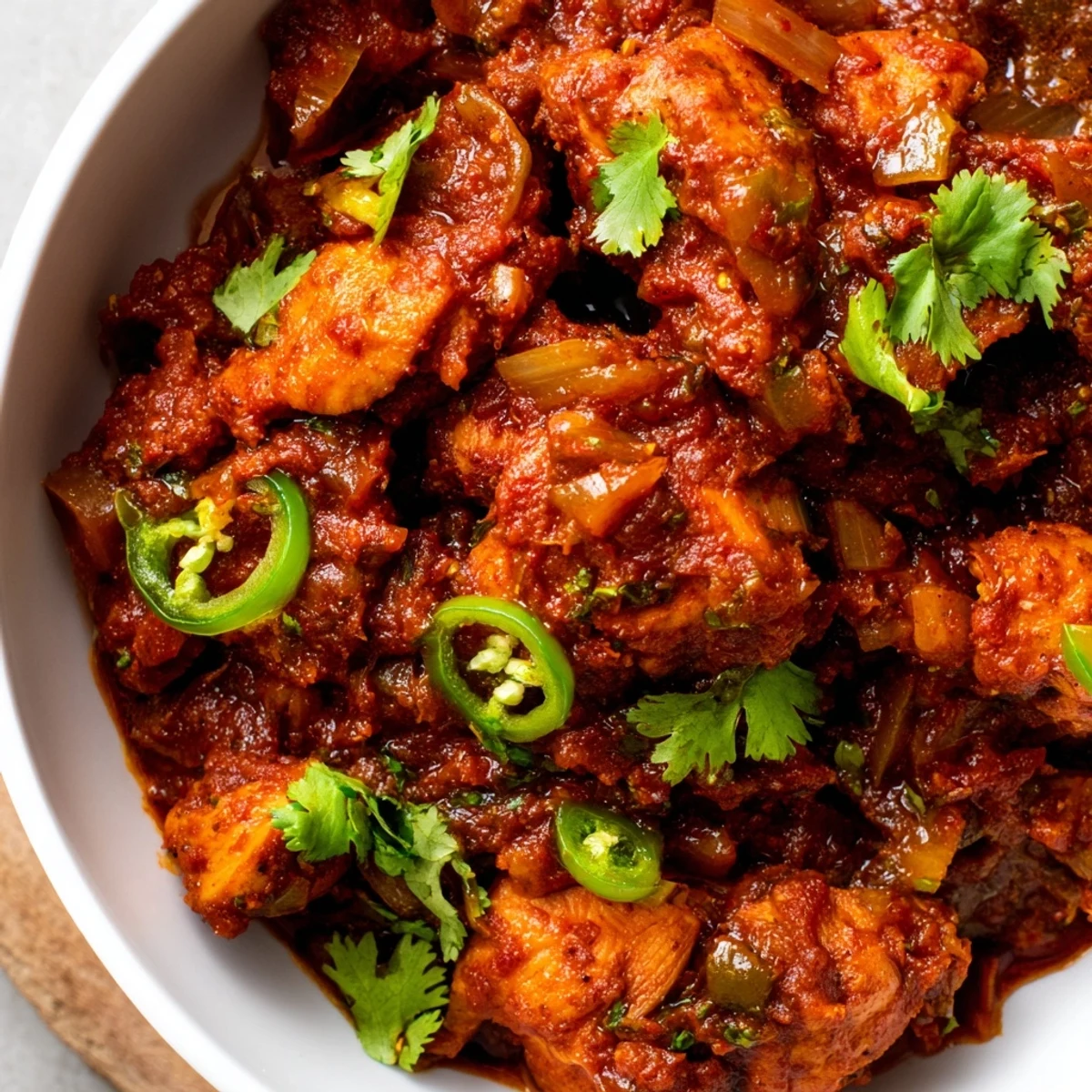 Hearty serving of Spiced Chicken Curry with Ginger, Garlic & Jalapeño paired with warm naan bread for dipping.