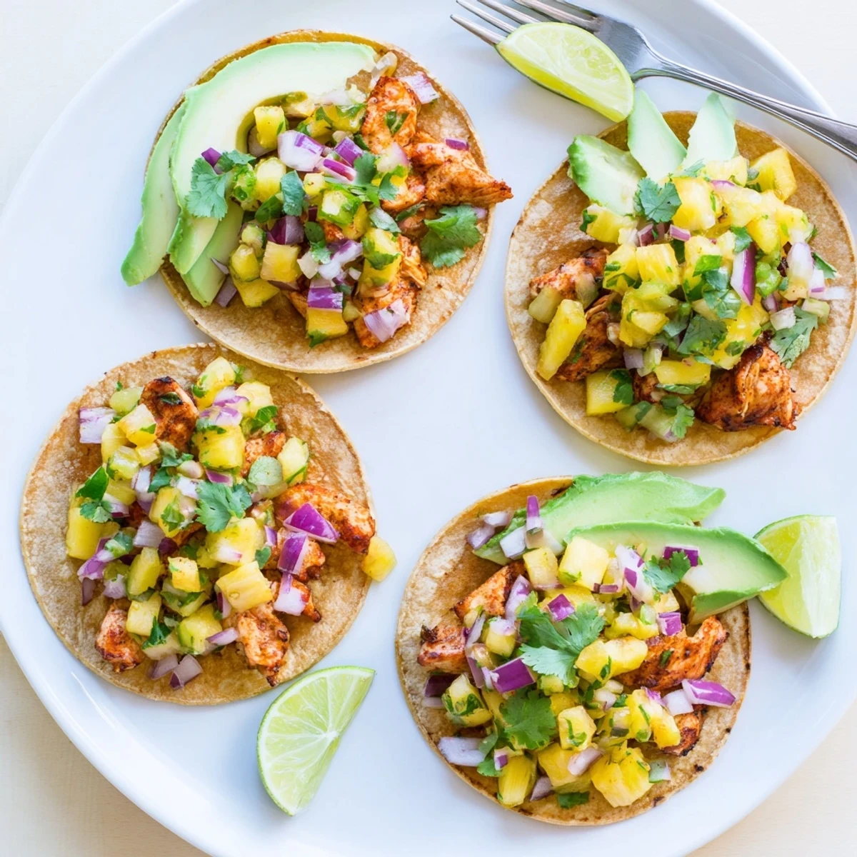 Pineapple Chicken Tacos with juicy chicken and sweet salsa in a vibrant taco shell.