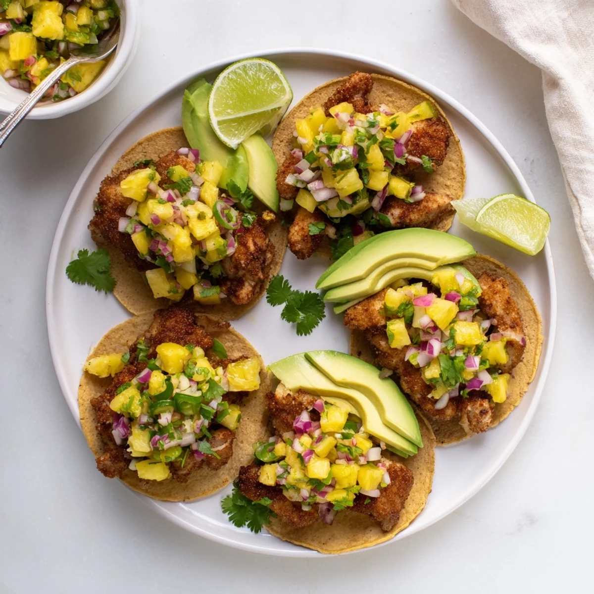 Grilled Pineapple Chicken Tacos topped with fresh avocado slices and cilantro on warm corn tortillas.