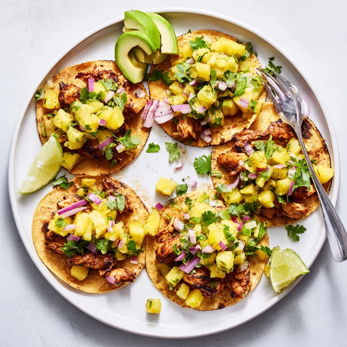 Freshly assembled Pineapple Chicken Tacos with lime wedges and diced pineapple on a plate.