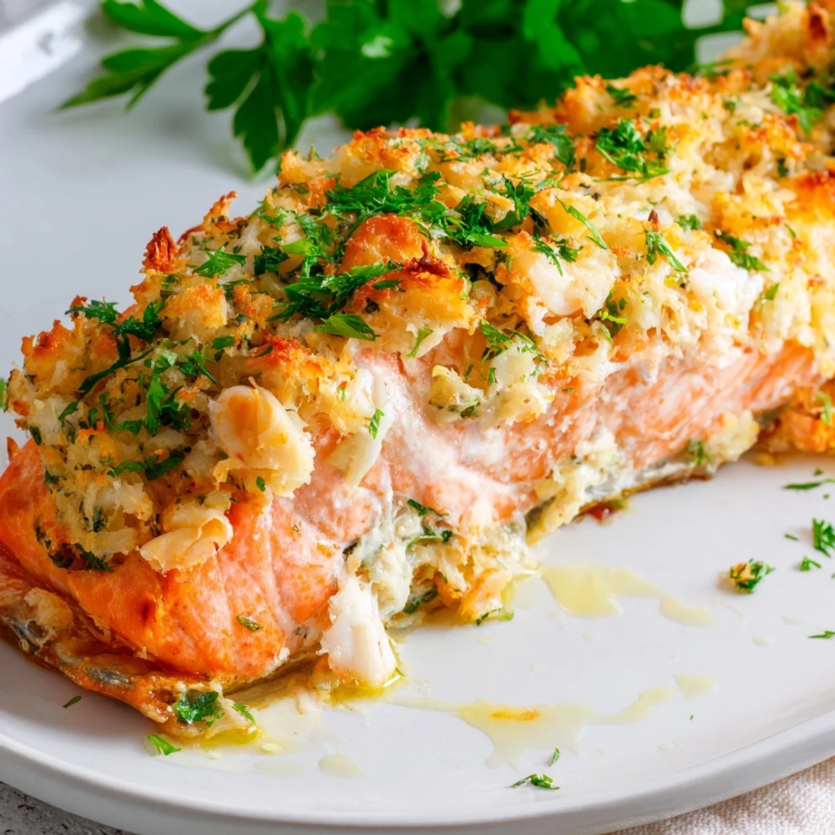 Juicy Crab & Shrimp Stuffed Salmon cooked to perfection, showcasing the savory seafood filling inside tender pink salmon portions.