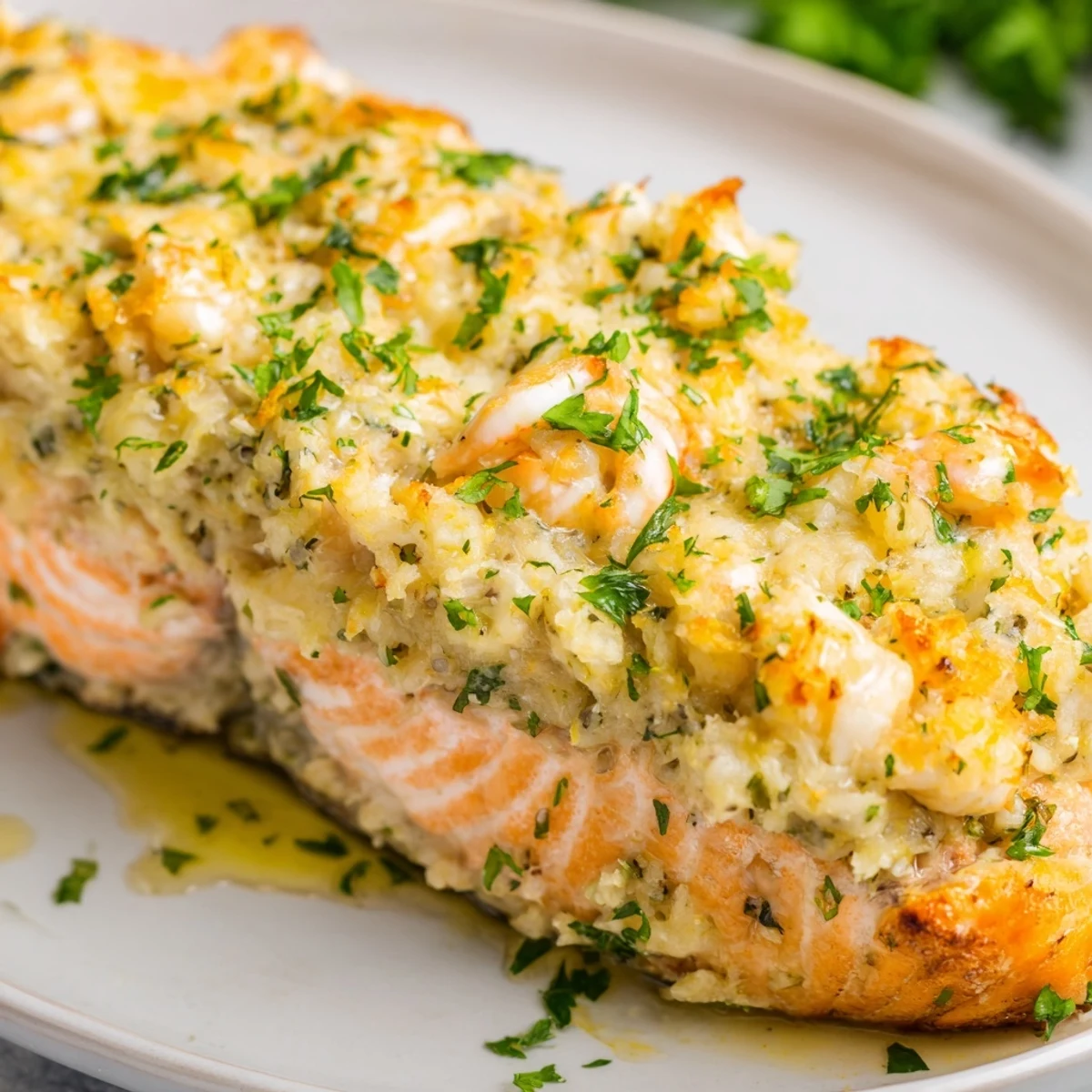 Plated Crab & Shrimp Stuffed Salmon served alongside roasted asparagus and wild rice, ready for a gourmet dinner.