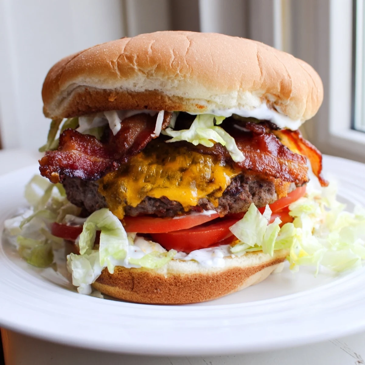 A close-up of a Crack Burger with melted cheddar, crispy bacon, and creamy ranch sauce on a toasted bun.