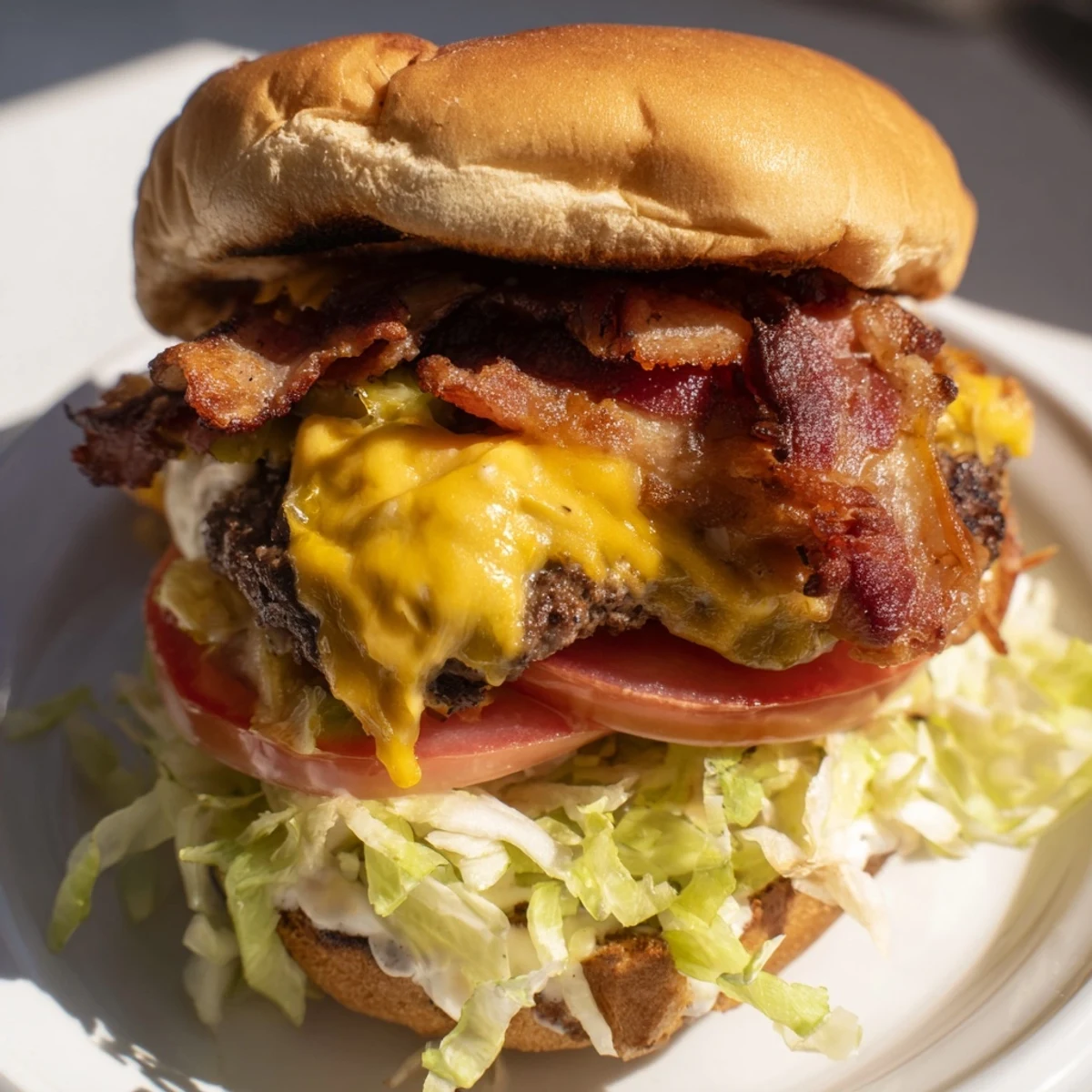 A hand holding a Crack Burger stacked with cheddar, bacon, and lettuce, ready to take a bite.