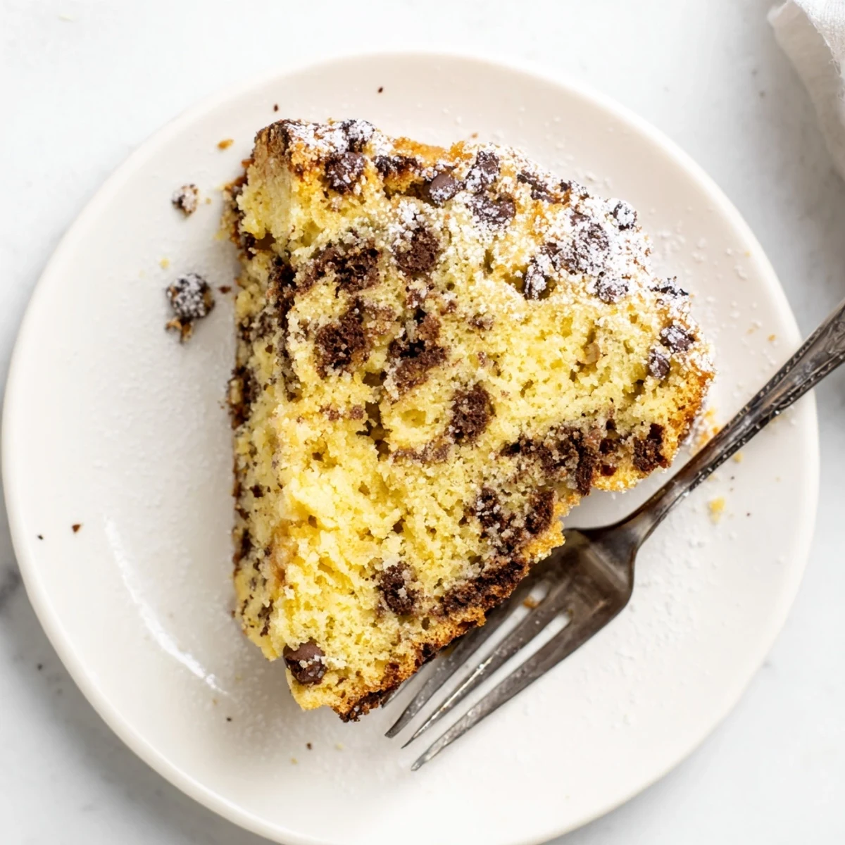 A slice of moist Chocolate Chip Cake on a white plate, showing melty chocolate chips in every bite.