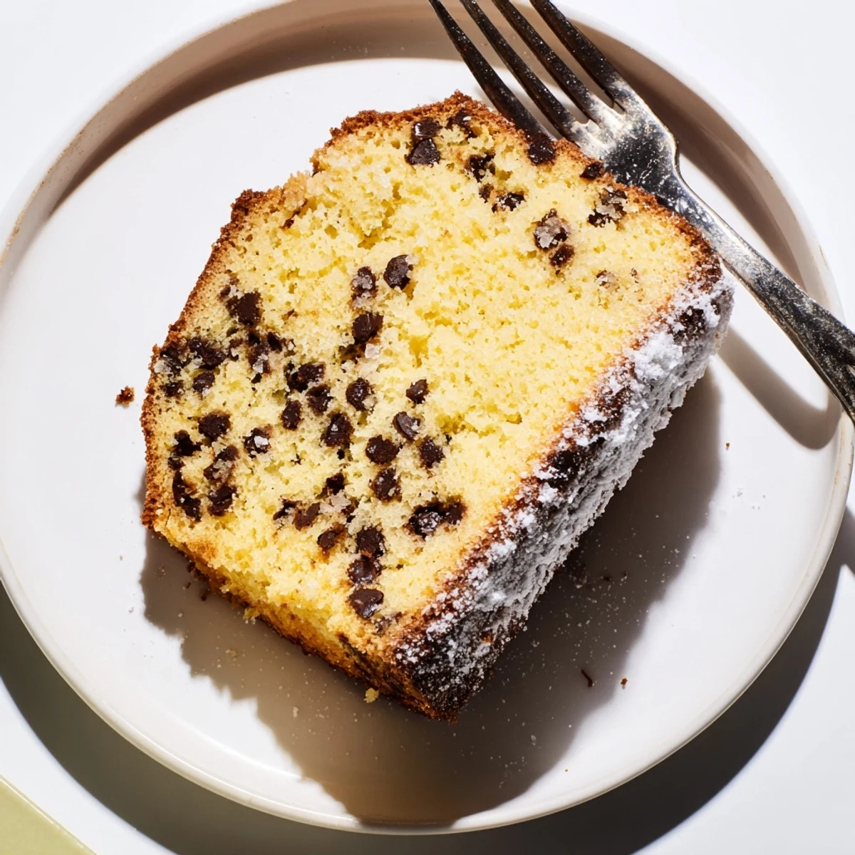 A close-up of a warm Chocolate Chip Cake, served with a scoop of vanilla ice cream melting.