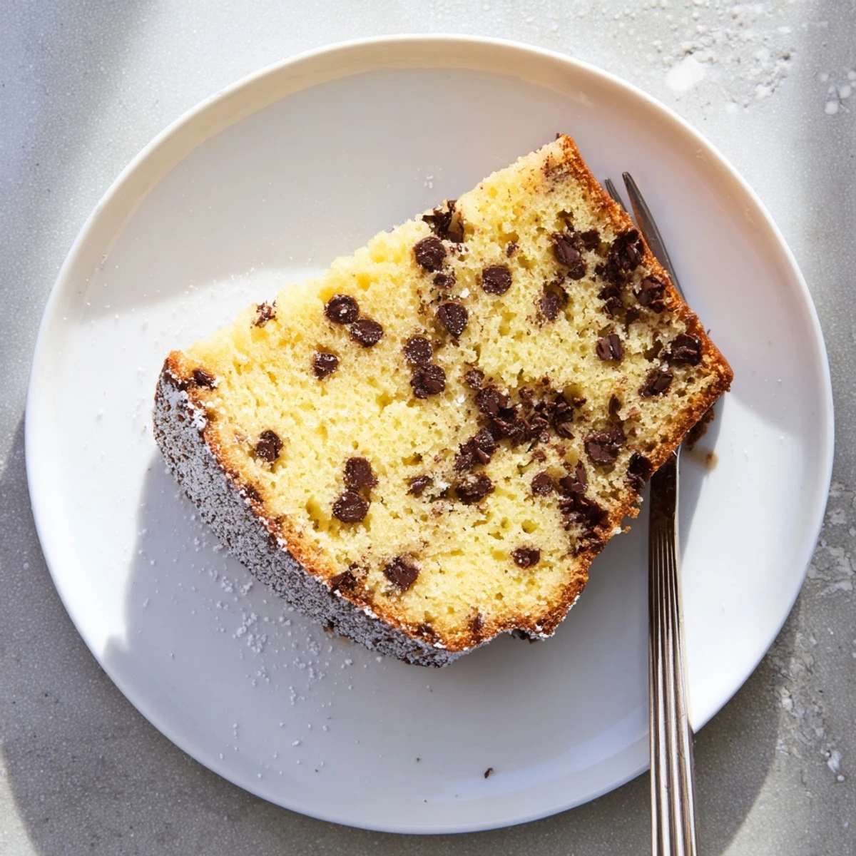 A freshly baked Chocolate Chip Cake sits on a cooling rack, glistening with coarse sugar on top.