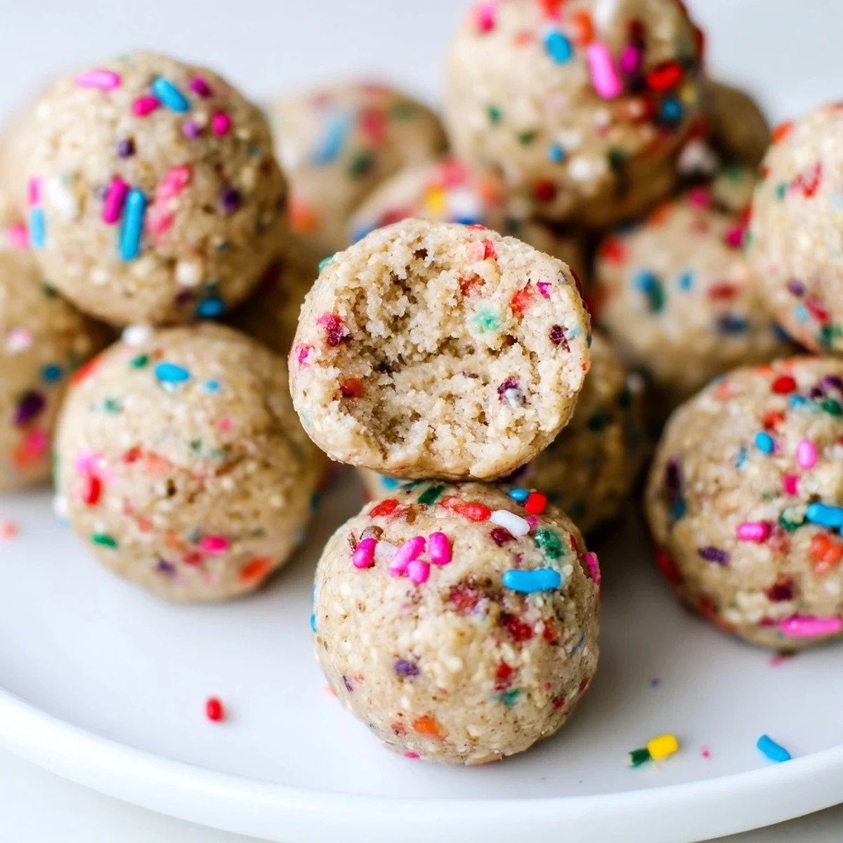 Rainbow-sprinkled Birthday Cake Batter Protein Balls displayed on a cooling rack, showing their soft texture and vanilla aroma.