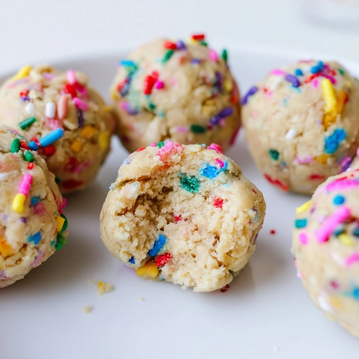Close-up of Birthday Cake Batter Protein Balls rolled in extra sprinkles, highlighting their colorful coating and moist interior.
