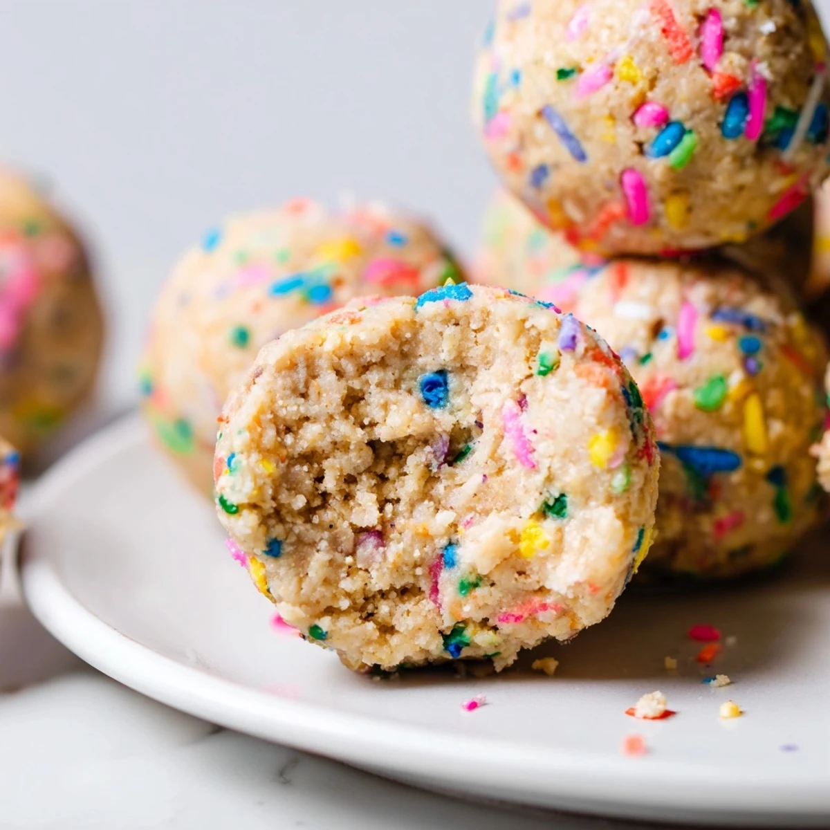 A tray of chilled Birthday Cake Batter Protein balls, ready to serve with a glass of milk for a sweet snack.