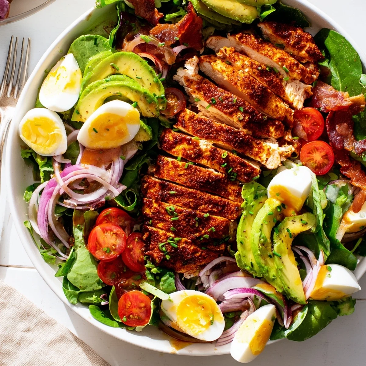 Vibrant Paleo Grilled Chicken Cobb Salad with honey Dijon dressing, topped with sliced avocado, cherry tomatoes, and crispy bacon. 