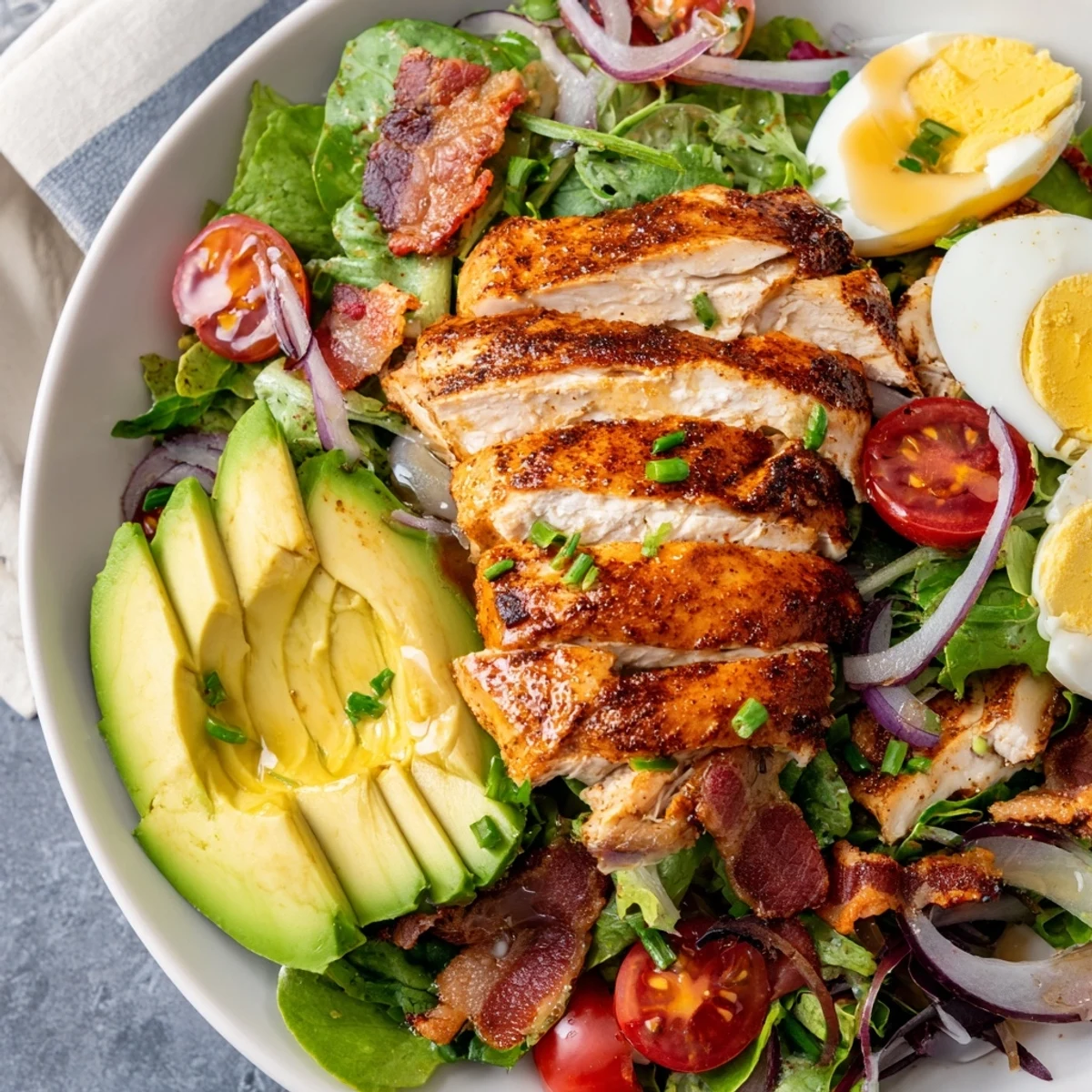 A close-up of a Paleo Grilled Chicken Cobb Salad, showcasing colorful vegetables, smoky bacon bits, and a generous honey Dijon dressing.