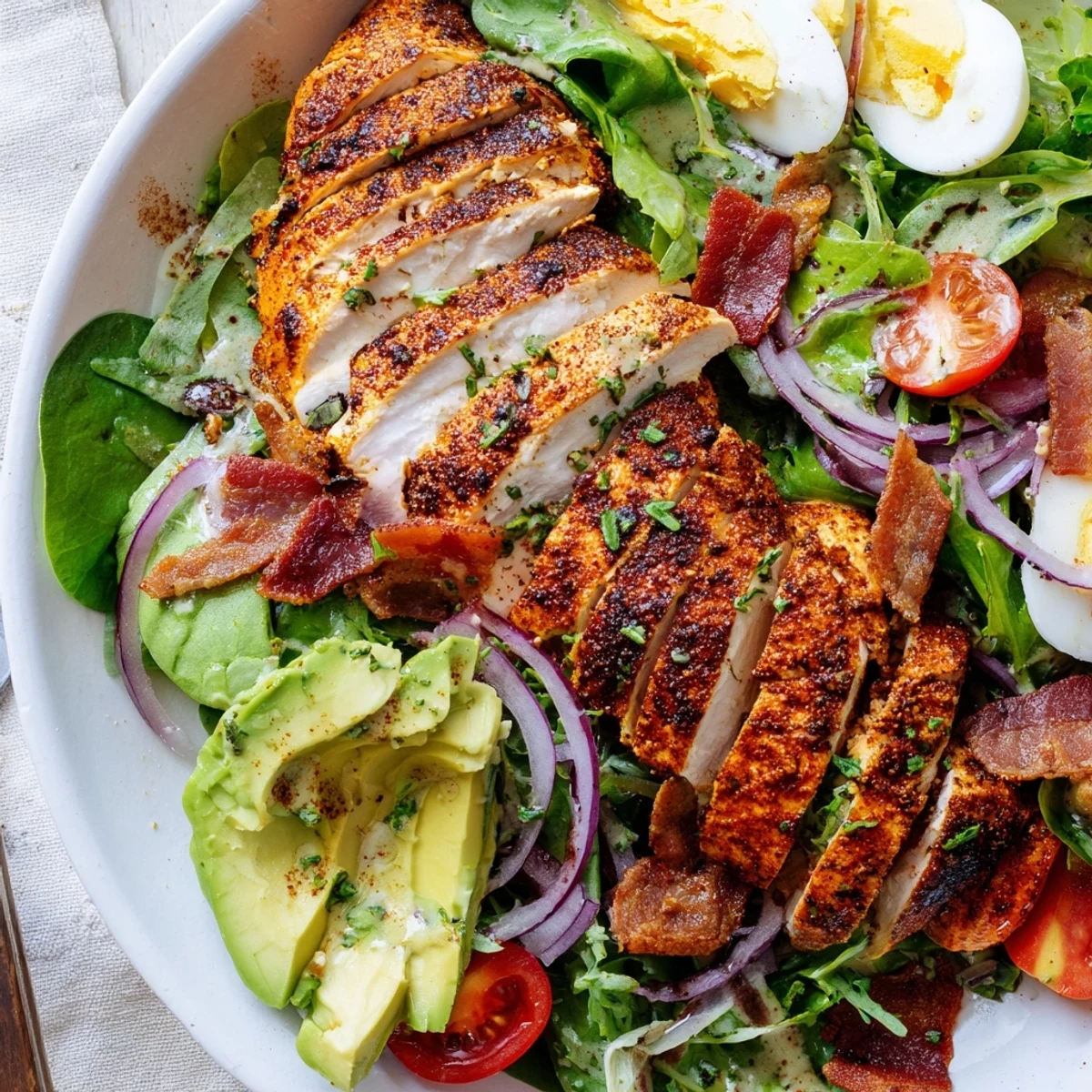 This grain-free salad features juicy grilled chicken breasts over fresh greens with hard-boiled eggs and a tangy honey Dijon drizzle. 