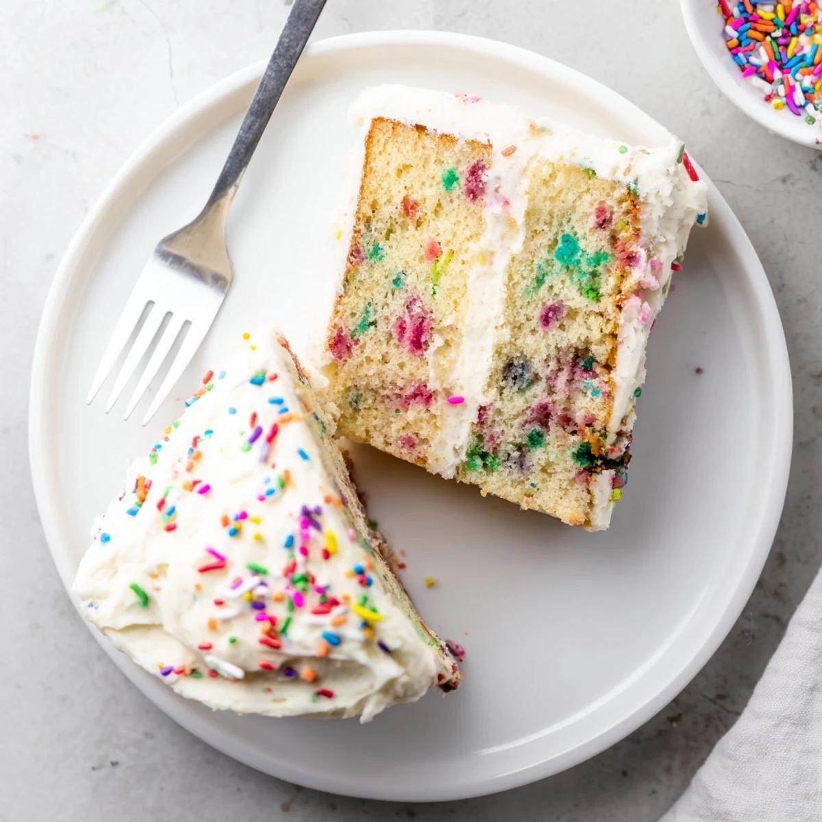 Moist slices of gluten-free funfetti birthday cake with creamy vanilla frosting and rainbow sprinkles on a plate.