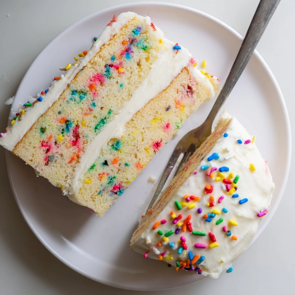 Close-up of gluten-free funfetti birthday cake layers, fluffy crumb, and colorful sprinkles piled on a serving platter.