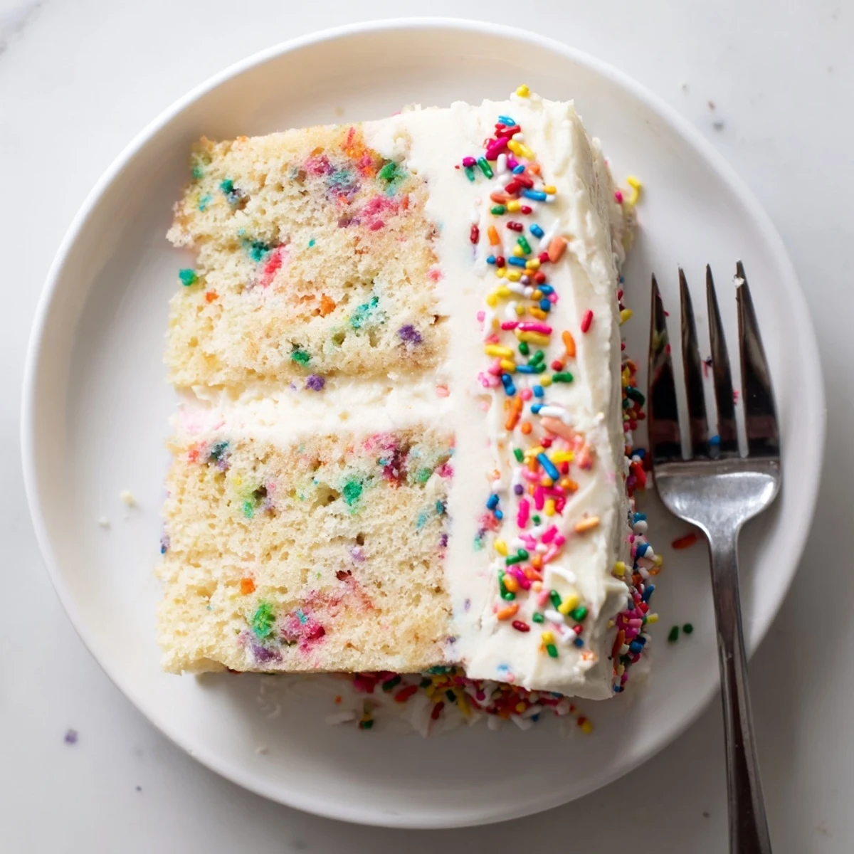 Freshly baked gluten-free funfetti birthday cake with buttery frosting, ready to slice at a festive birthday celebration.